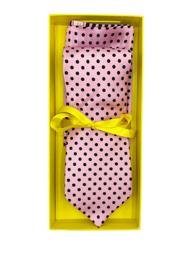 Light Pink with Black Polka Dot Necktie & Double Panel Pocket Square Set